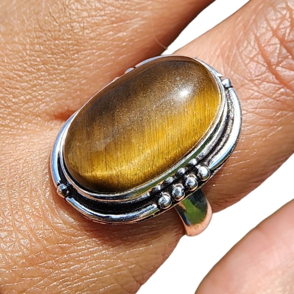 Natural Tiger Eye Ring S925 Sterling Silver Vintage Boho SIZE 5.25 Energy Stone